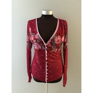 Free People Mesh Cardigan Size M Magenta Floral Home Grown Preppy Layer